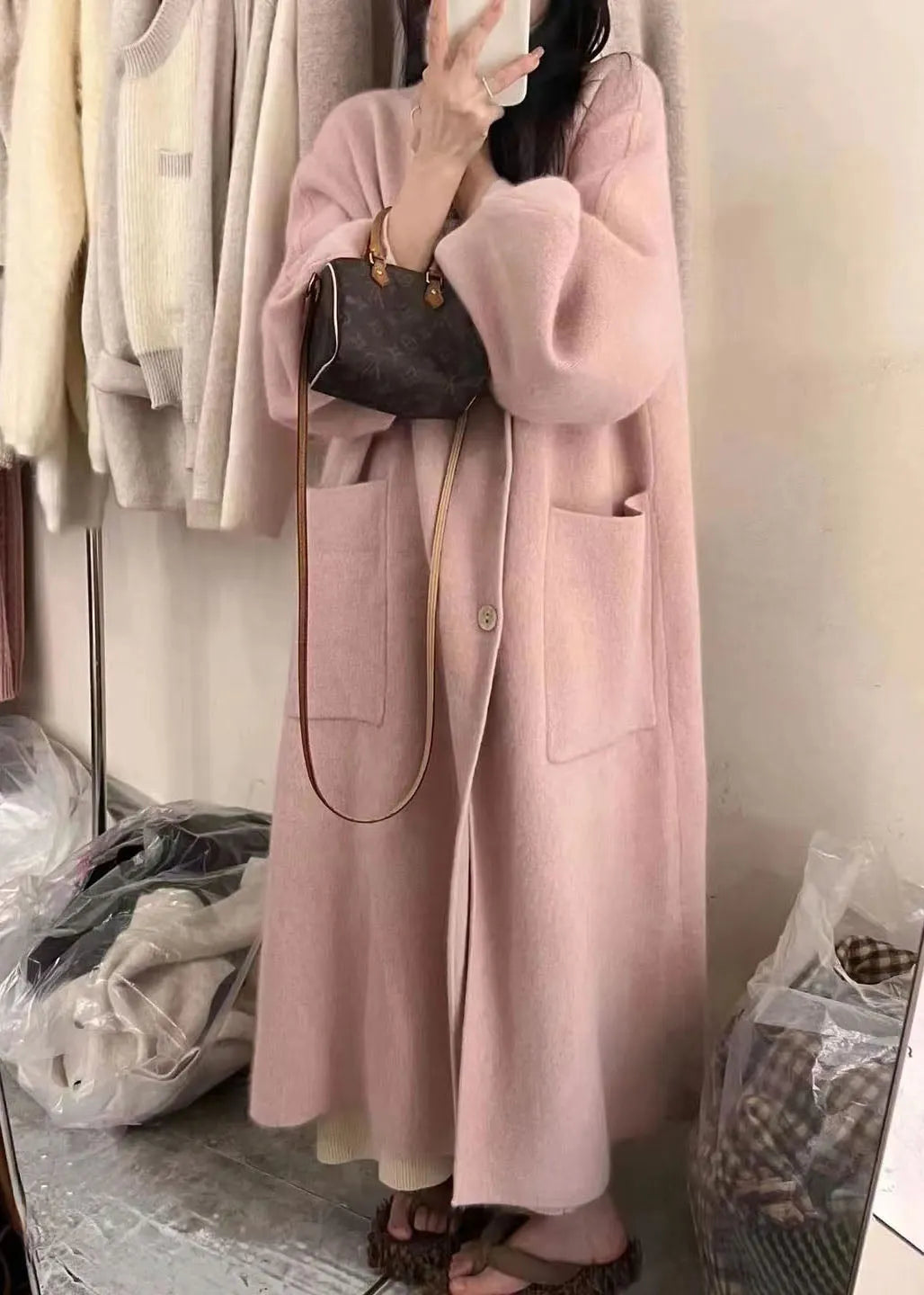 Pink Turtleneck Button Pockets Cotton Knit Long Coats Long Sleeve