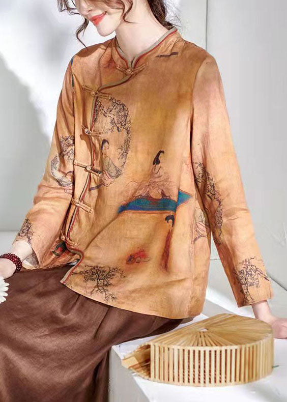 Chocolate O-neck Button Print Tops Long Sleeve Spring
