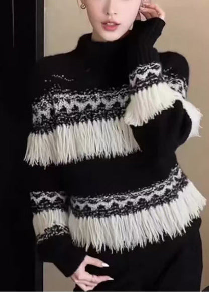 Black Tasseled Striped Knit Pullover Winter