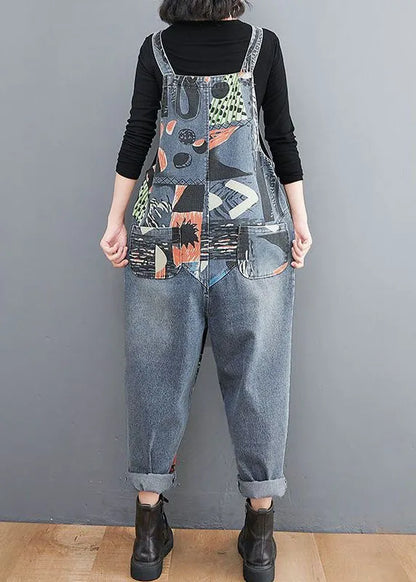 Diy Blue Pockets Print Patchwork Denim Jumpsuit Spring