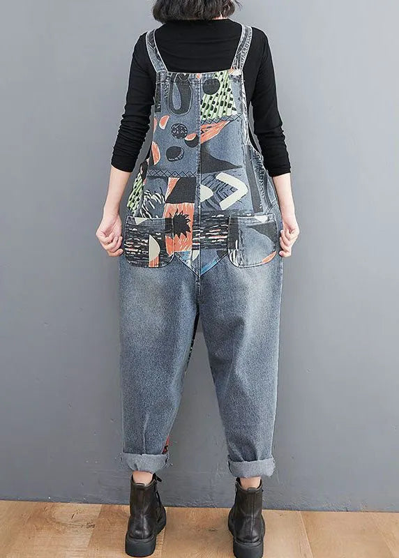 Diy Blue Pockets Print Patchwork Denim Jumpsuit Spring