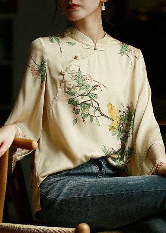 Beige Mandarin Collar Side Open Print Silk Top Long Sleeve