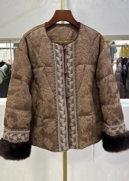 Brown Embroidered Jacquard Duck Down Jackets Winter