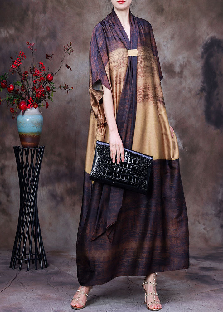 Yellow Chocolate Bow Collar Print Silk Dress Batwing Sleeve