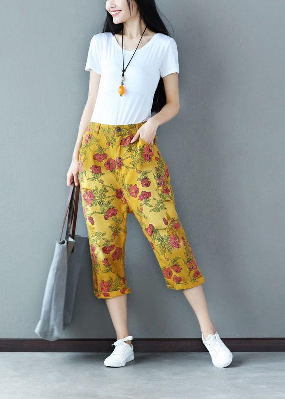 Yellow Button Pockets Print Fall Crop Pants Cotton