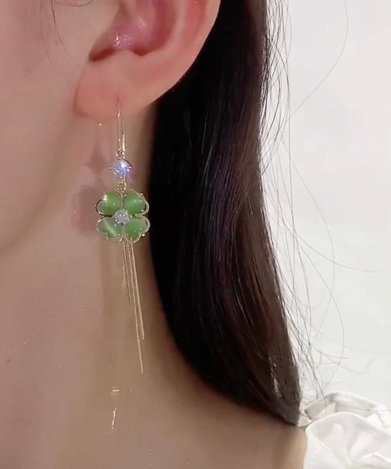 Green Gem Stone Tassel Drop Earrings