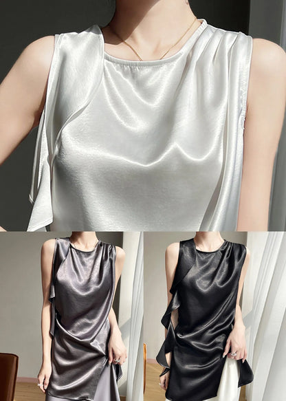 Grey Side Open Silk Tanks Ruffled Sleeveless