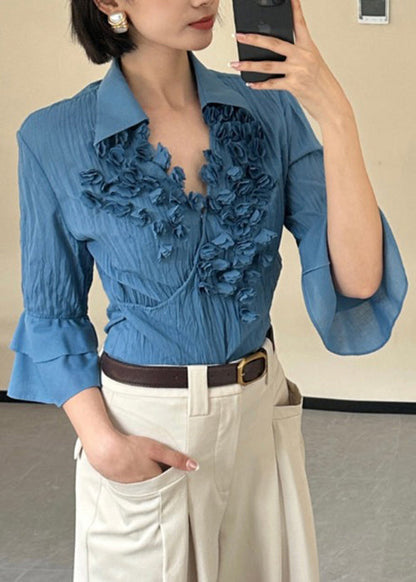 Blue Cotton Shirt Top Peter Pan Collar Flare Sleeve