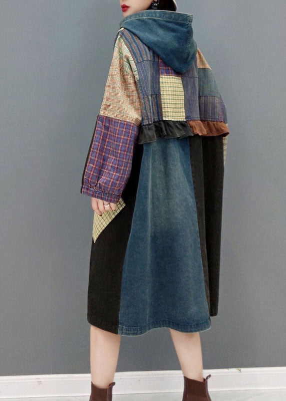 Blue Button Hooded Pockets Patchwork Denim Coats Spring