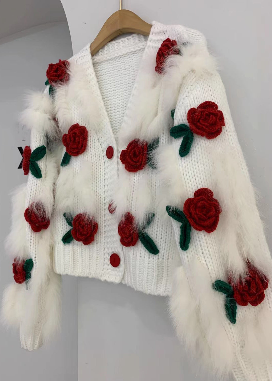 Pink V Neck Button Patchwork Knit Cardigan Winter