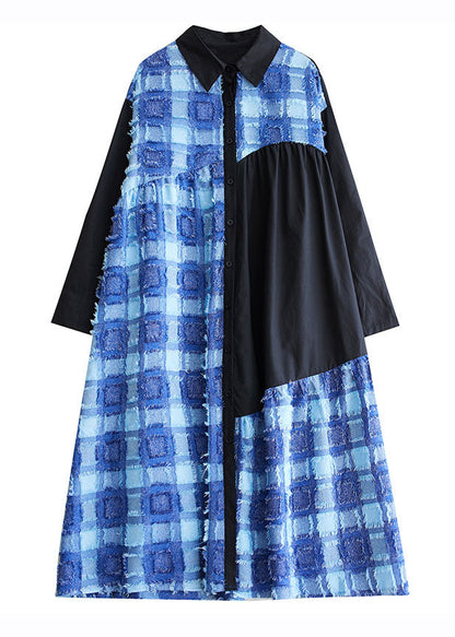 Blue Asymmetrical Tulle Patchwork Button Maxi Shirts Dress Fall