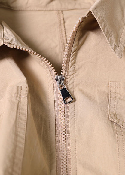 Classy Khaki Turn-down Collar Zip Up Pockets Cotton a Line Dress Summer