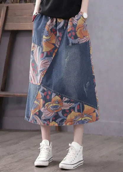 Blue Pockets Patchwork Print a Line Fall Denim Skirts