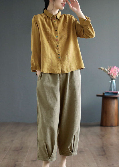 Yellow Peter Pan Collar Embroideried Linen Blouse Tops Fall