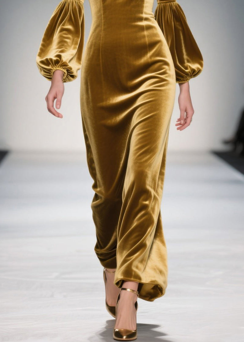 Handmade Yellow V Neck Velvet Long Dresses Fall