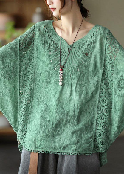 Khaki Cotton V Neck Embroideried Hollow Out Summer Blouses