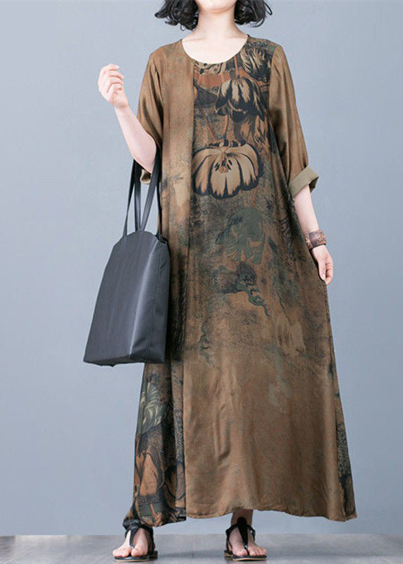 Yellow Patchwork Loose Silk Long Dresses Draping Three Quarter Sleeve