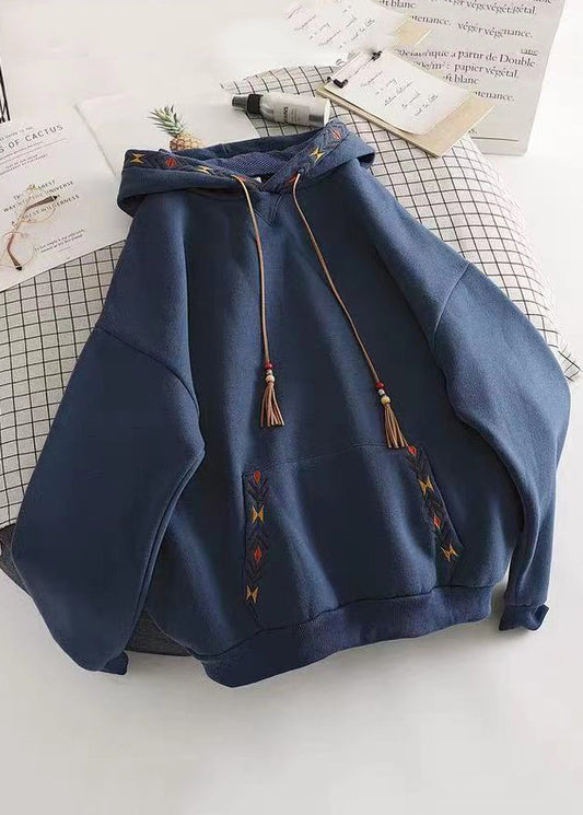 Diy Navy Hooded Embroideried Cotton Sweatshirts Top Spring