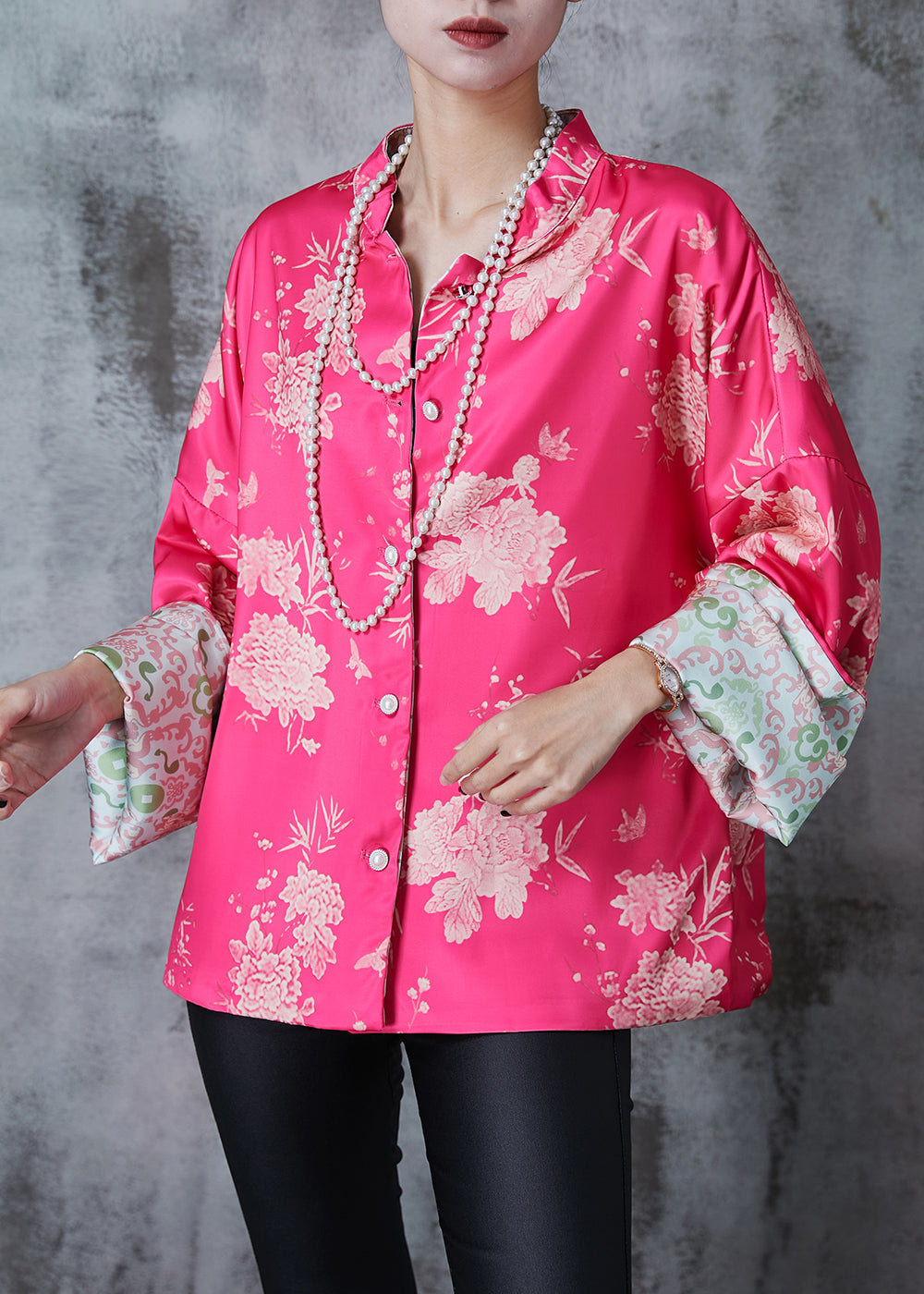 Art Rose Oversized Print Silk Wear on Both Sides Jackets Spring