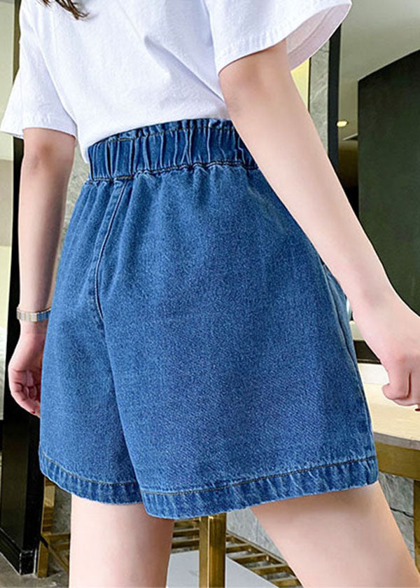 Simple Navy Elastic Waist Drawstring Pockets Cotton Wide Leg Pants Shorts Summer