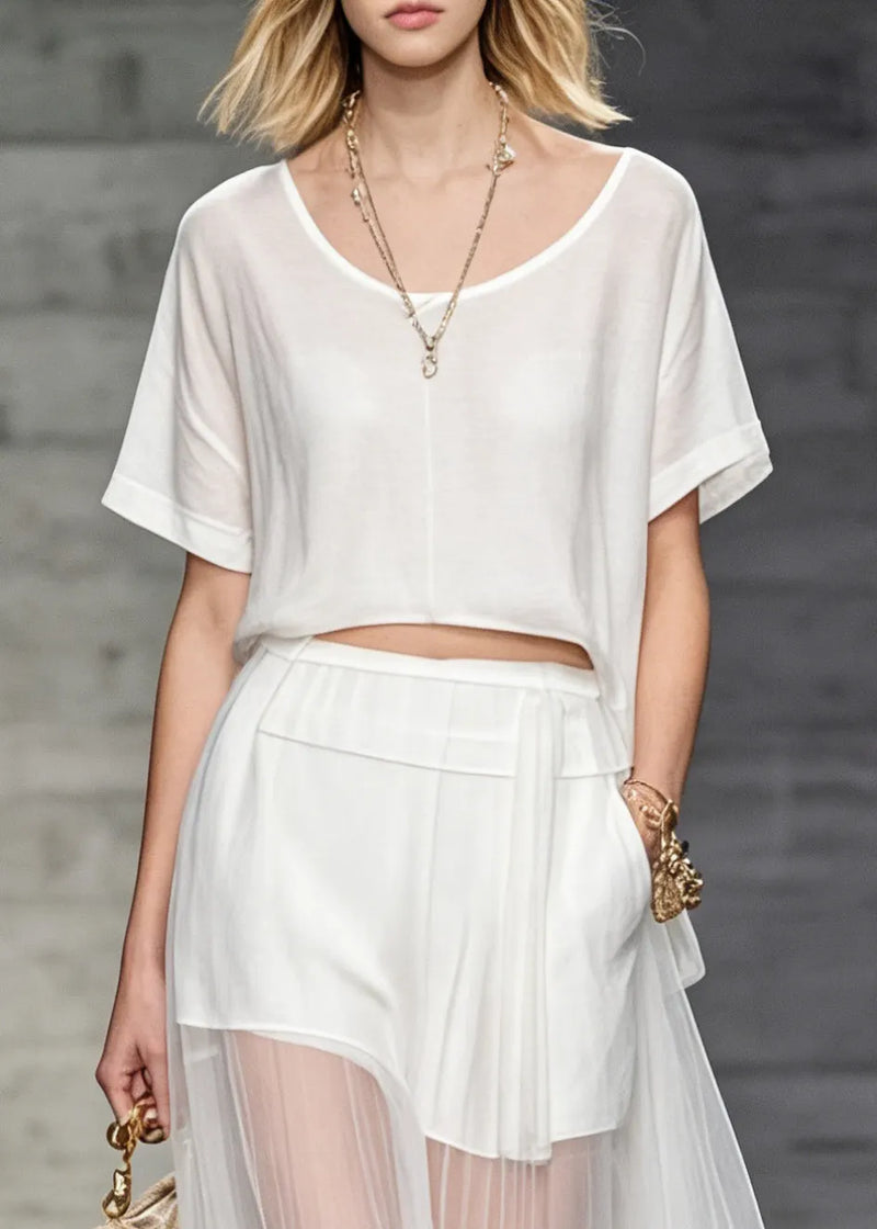 White O Neck T Shirt and Skirts Tulle Patchwork Two Pieces Set Summer