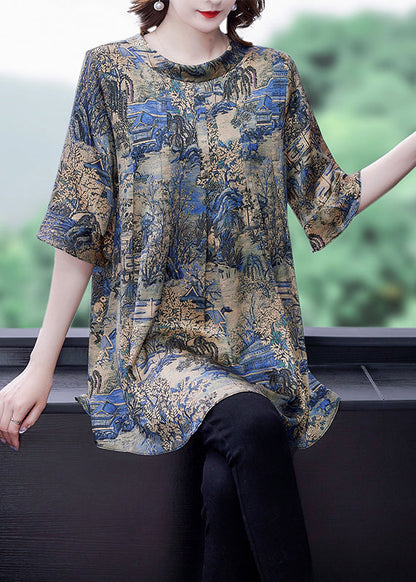 Modern Khaki O-neck Oversized Print Silk Top Flare Sleeve