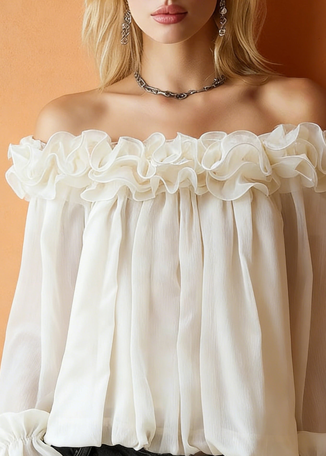 Apricot Ruffled Blouses Slash Neck Spring