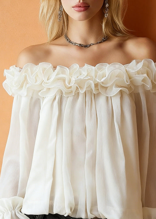Apricot Ruffled Blouses Slash Neck Spring