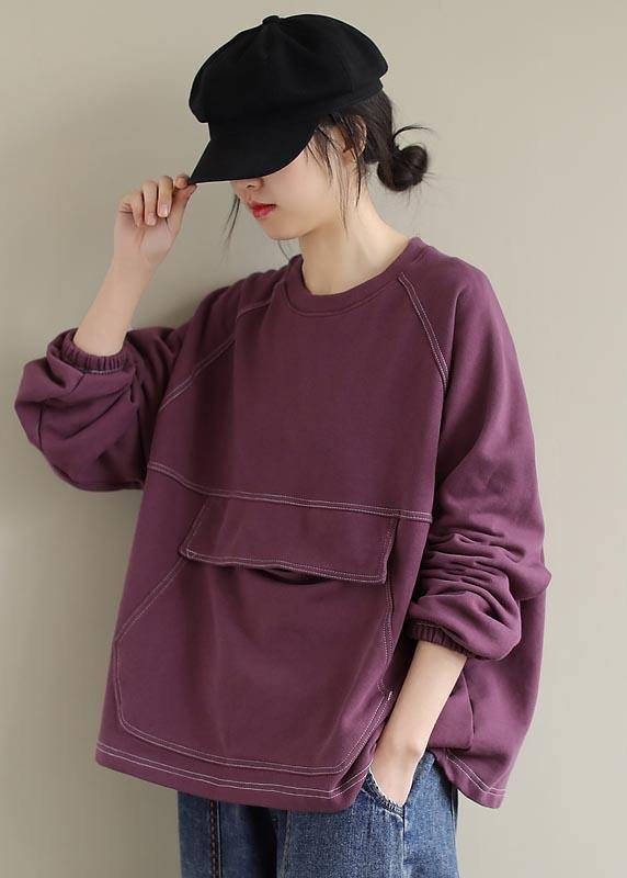 French Purple Tops Blouses O Neck Patchwork Silhouette Spring Blouses