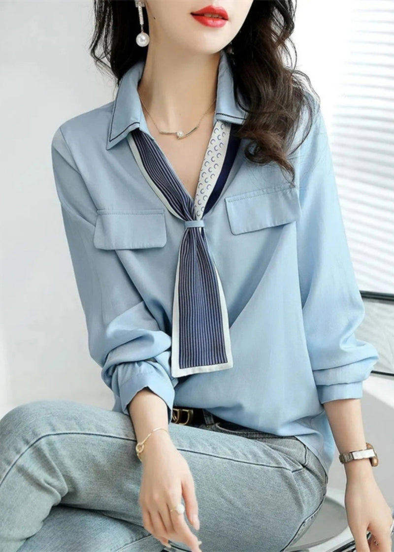 Diy Blue Peter Pan Collar Patchwork Tops Spring