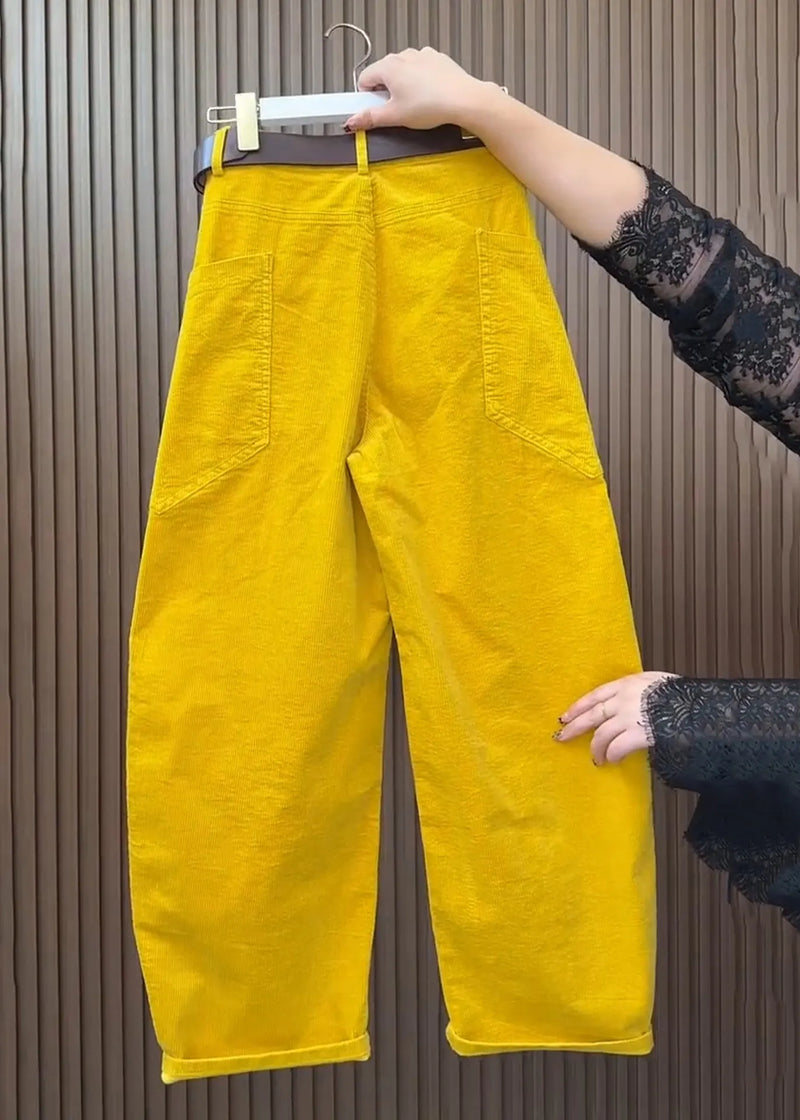 Yellow Pockets High Waist Corduroy Wide Leg Pants Fall