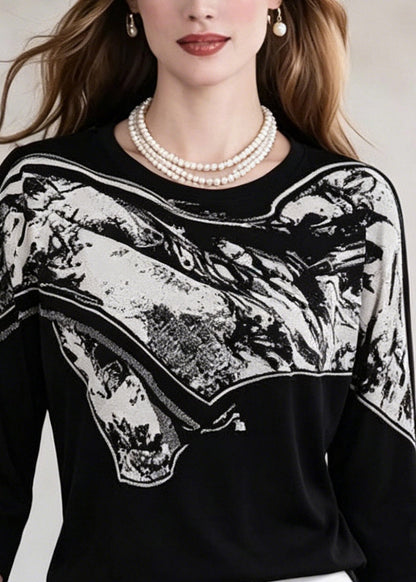 Black O-neck Print Knit Tops Three Quarter Sleeve