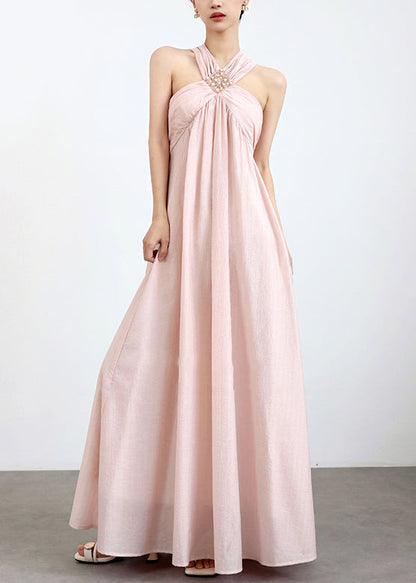 Pink Cold Shoulder Pearl Cotton Maxi Dresses Sleeveless