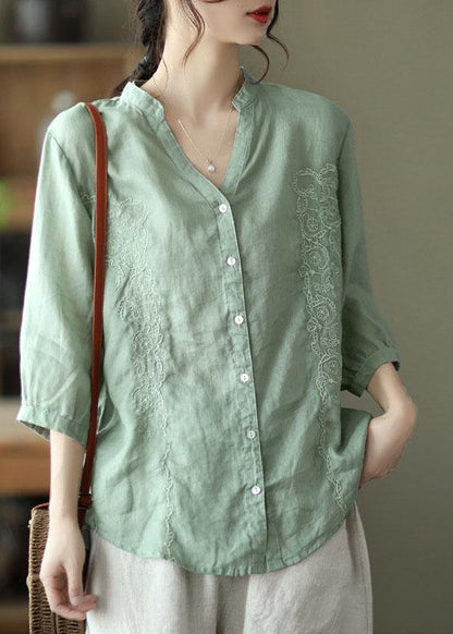 French Khaki Embroideried V Neck Ramie Blouse Top Summer