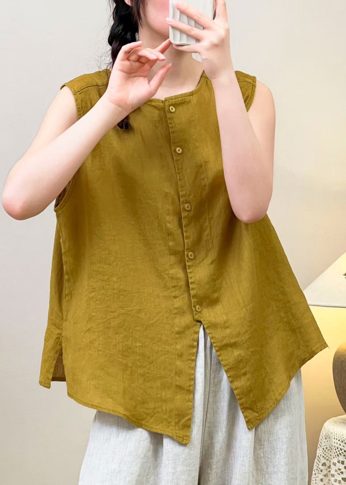 Yellow Wear on Both Sides Linen Blouses Summer