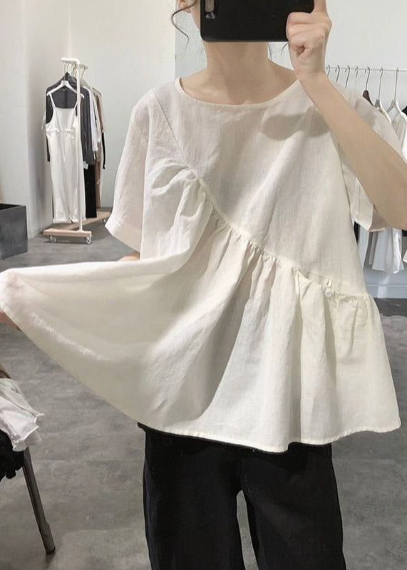 Grey O-neck Asymmetrical Wrinkled Top Short Sleeve