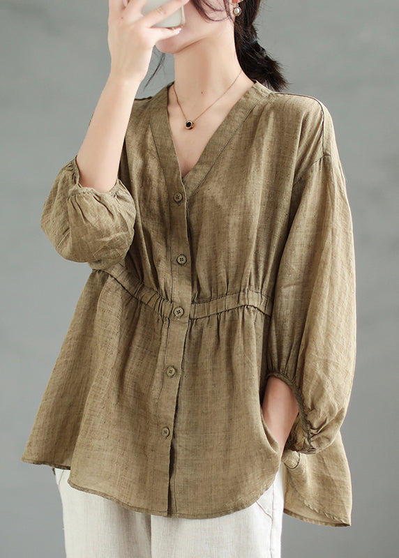 Loose Coffee Button Linen Shirt Bracelet Sleeve