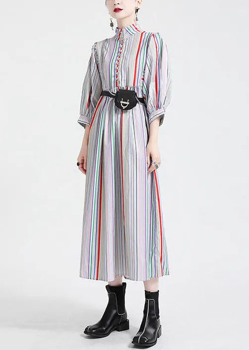 Stand Collar Multi Striped Puff Sleeve Cotton Party Dress