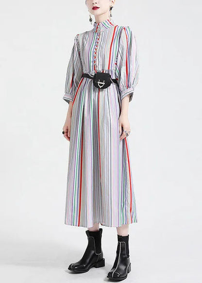 Stand Collar Multi Striped Puff Sleeve Cotton Party Dress