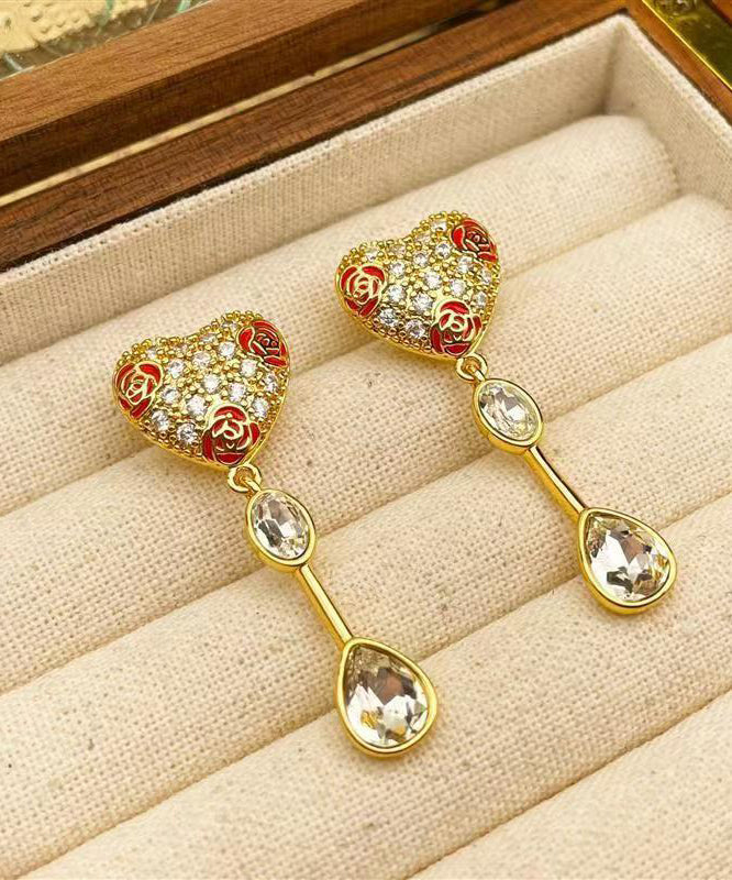Boutique Gold Copper Overgild Zircon Drop Glaze Love Glass Tassel Drop Earrings