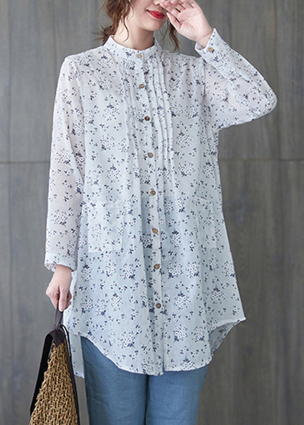 Italian White Stand Collar Wrinkled Print Shirts Half Sleeve