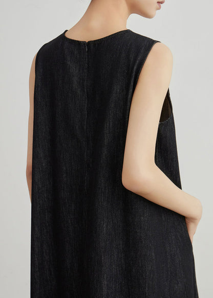 Black Embroidered Zippered Denim Dresses Sleeveless