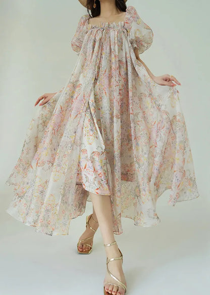Loose Ruffled Print Lace Up Chiffon Maxi Dresses Puff Sleeve
