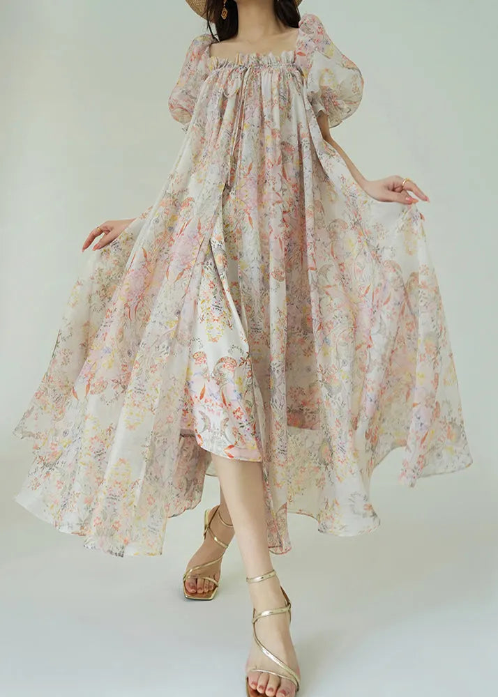 Loose Ruffled Print Lace Up Chiffon Maxi Dresses Puff Sleeve