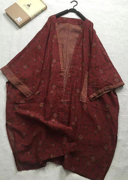 Red V Neck Print Pockets Linen Cardigans Fall