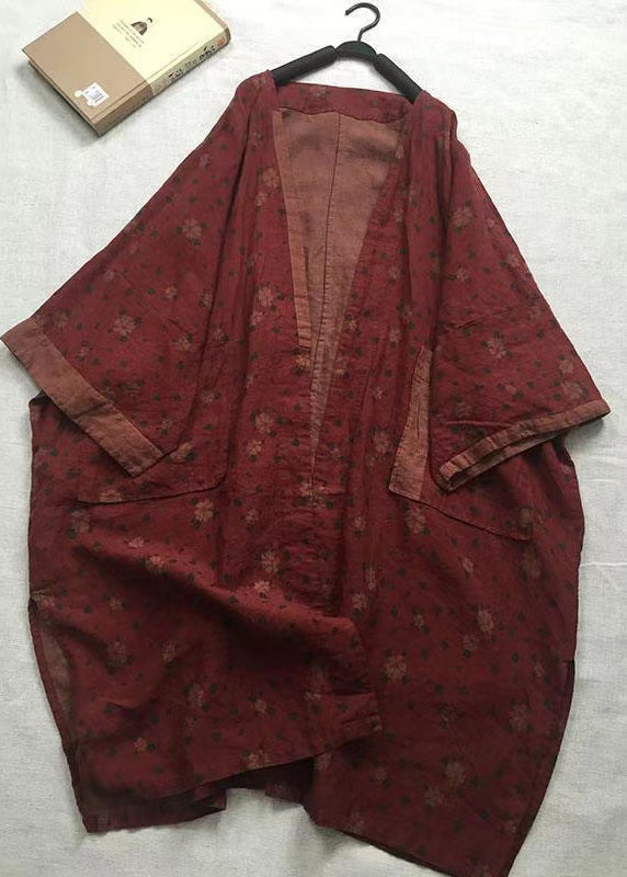 Red V Neck Print Pockets Linen Cardigans Fall