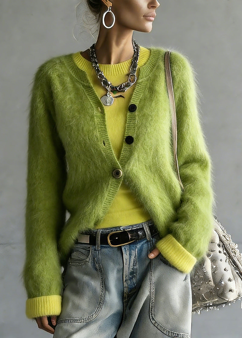 Green V Neck Cotton Knit Cardigan and Top Two Pieces Set Spring