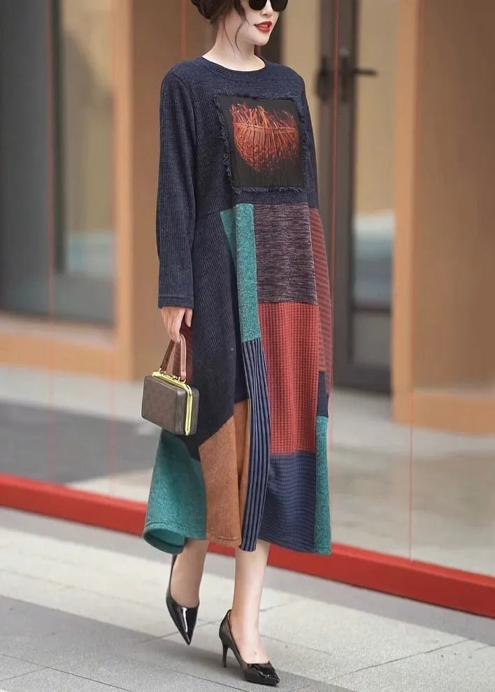 New Navy O-neck Patchwork Knit Long Dresses Winter