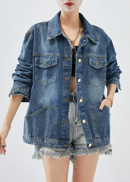 Blue Oversized Pockets Denim Coats Fall
