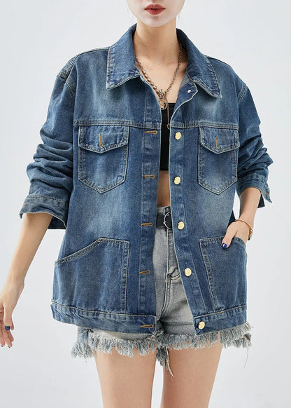 Blue Oversized Pockets Denim Coats Fall